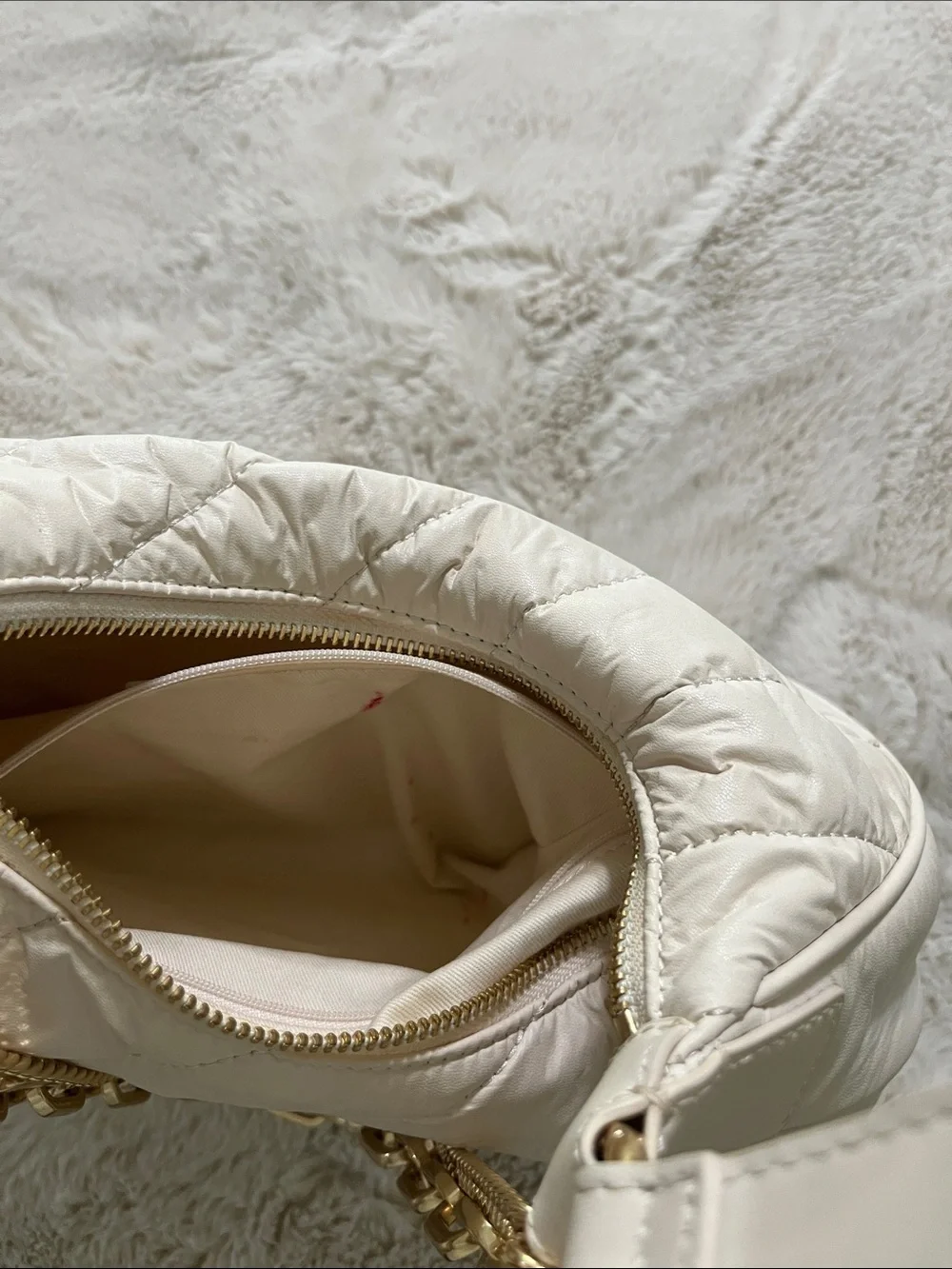 Charles & Keith Cream Quilted Crescent Bag with Gold Chains